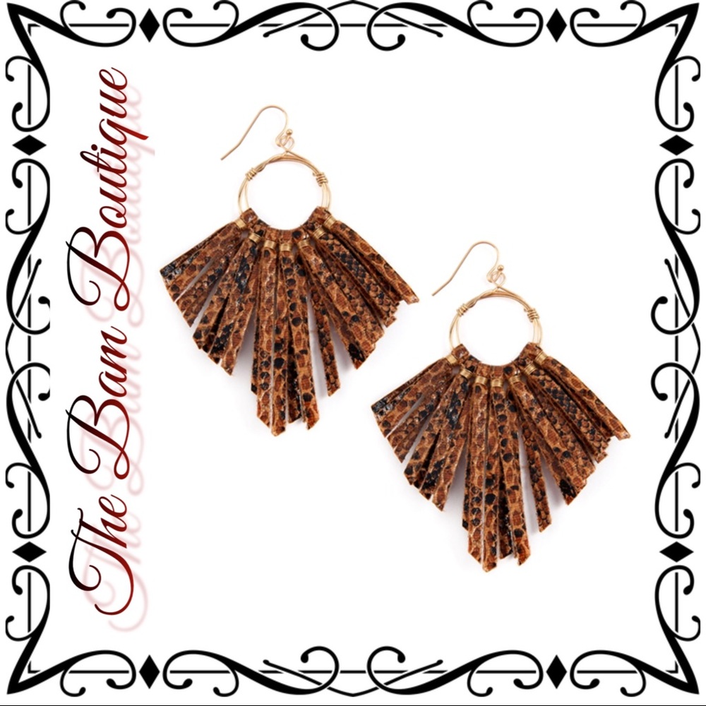 Leather Leopard Wire Drop Tassel Earrings